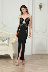 Metal Embellished  Classy Evening Backless Bandage Dress